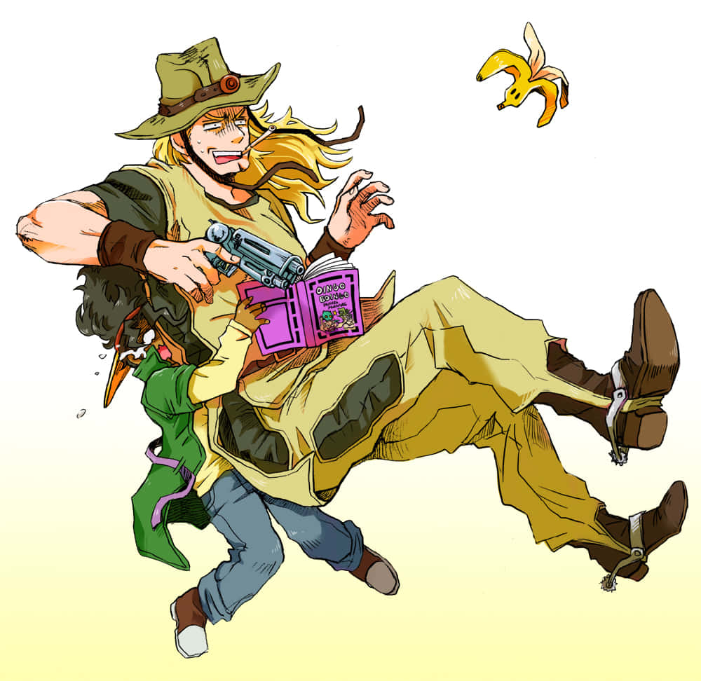  壁紙 — 一幅充滿動感的動漫風格插圖，描繪一名戴帽子的金髮男子揮舞著槍，同時一個身穿綠色的小角色緊緊抓住他的腿。