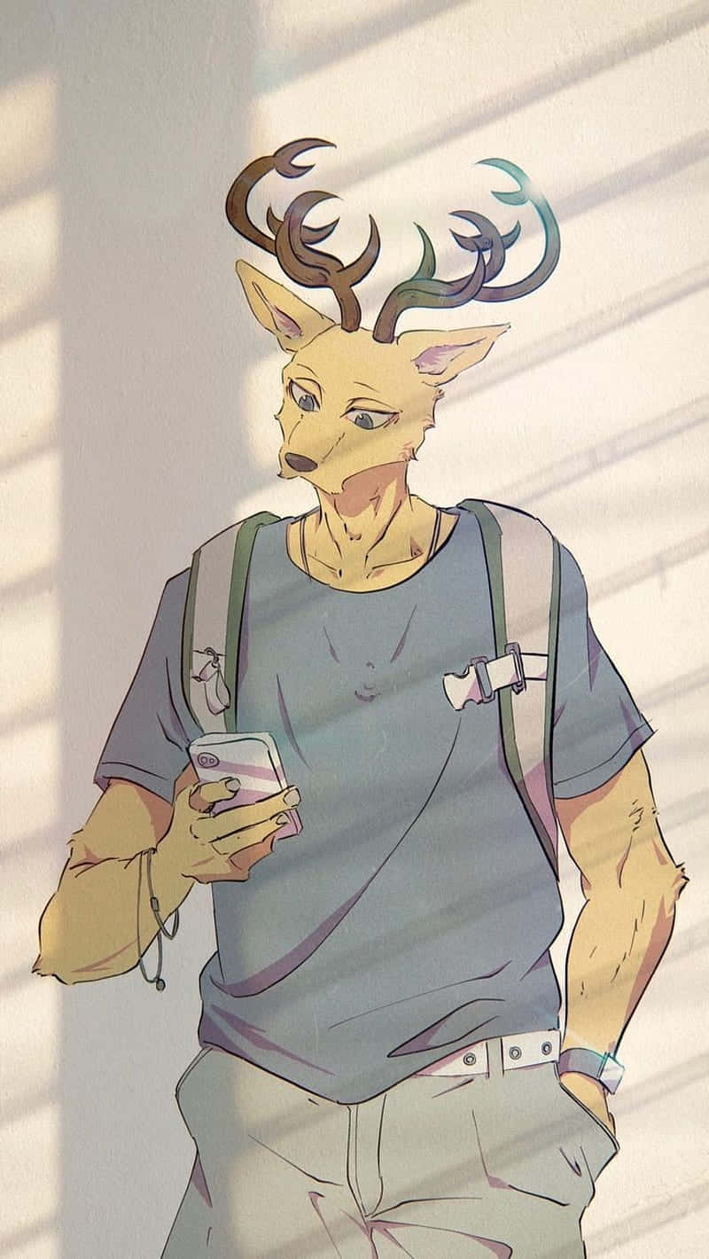  壁紙 — 一個鹿頭動漫角色穿著休閒服裝，站在室內，沐浴在透過百葉窗灑進的柔和陽光中，手持電話。