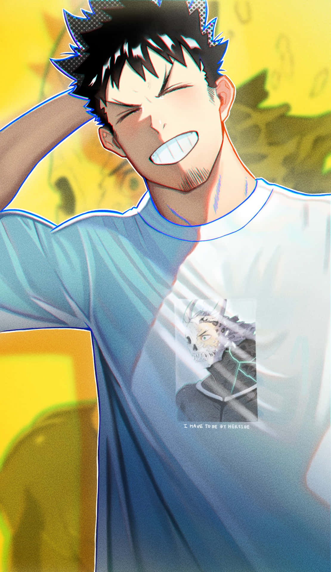  壁紙 — 一個頭髮尖刺的動漫男人，一手放在腦後，對著鮮黃色背景咧嘴大笑。