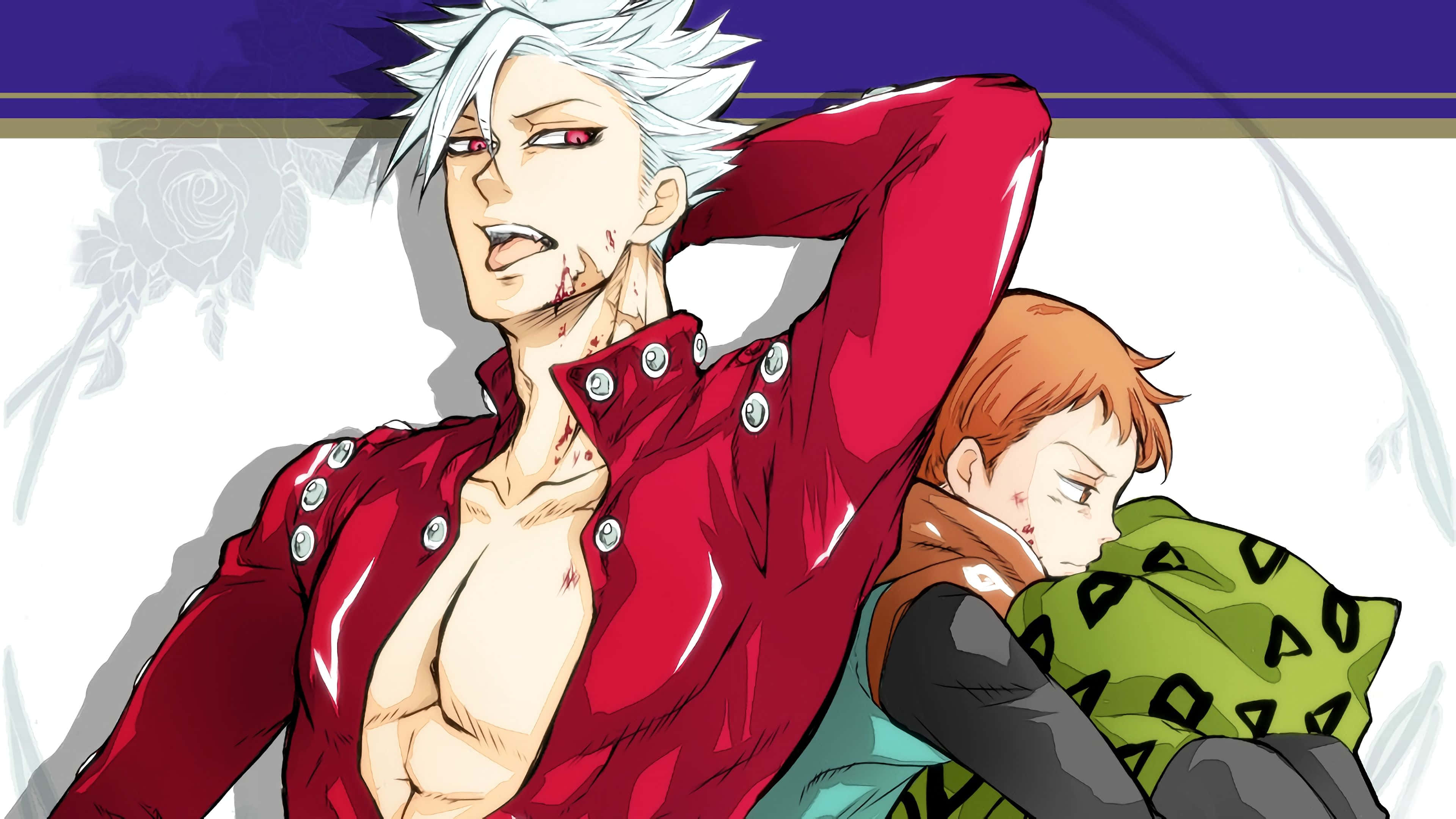 Seven Deadly Sins King 桌布 壁紙 — 一個刺蝟頭嘅動畫男人，著住有血漬嘅紅色外套，向後挨住，而一個細啲嘅男仔喺佢膊頭上瞓覺。