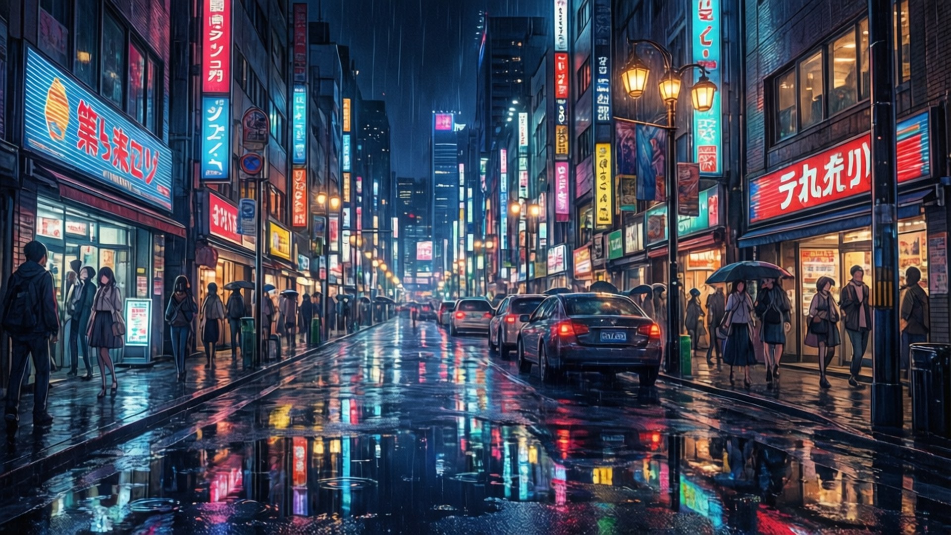 東京街道上的夜雨，霓虹燈招牌在濕漉漉的人行道上反射，人們撐傘行走。