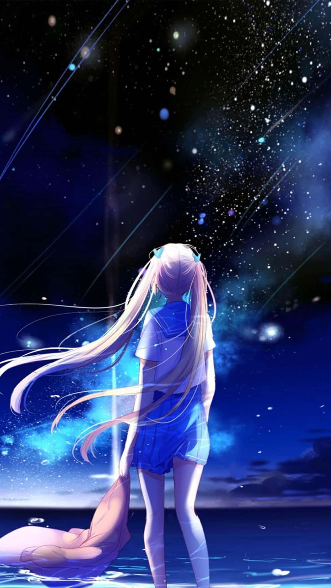  壁紙 — 一個孤獨的動漫女孩，長髮飄逸，站在水中凝視著充滿流星嘅璀璨星空夜空。