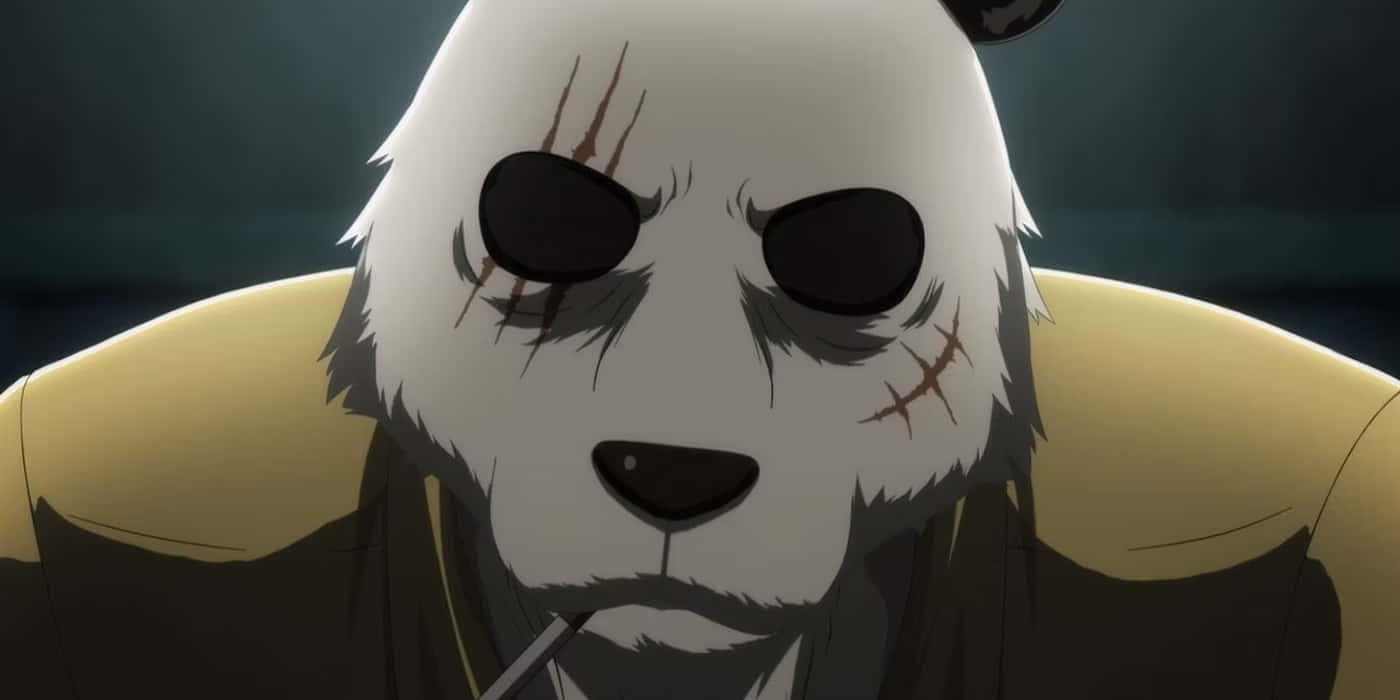  壁紙 — 一個動漫熊貓的近距離特寫，帶有縫合疤痕和黑色眼睛，在昏暗燈光下抽煙。