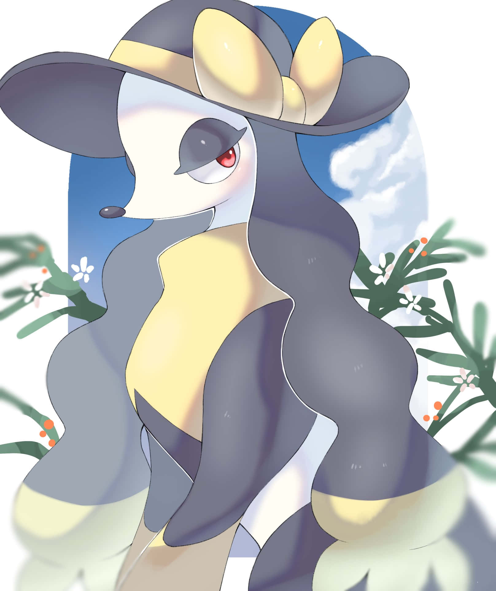 Furfrou 桌布 壁紙 — 一個風格化的動畫寶可夢，長著灰色長髮，戴著寬邊帽，站在藍天下盛開的樹枝間。