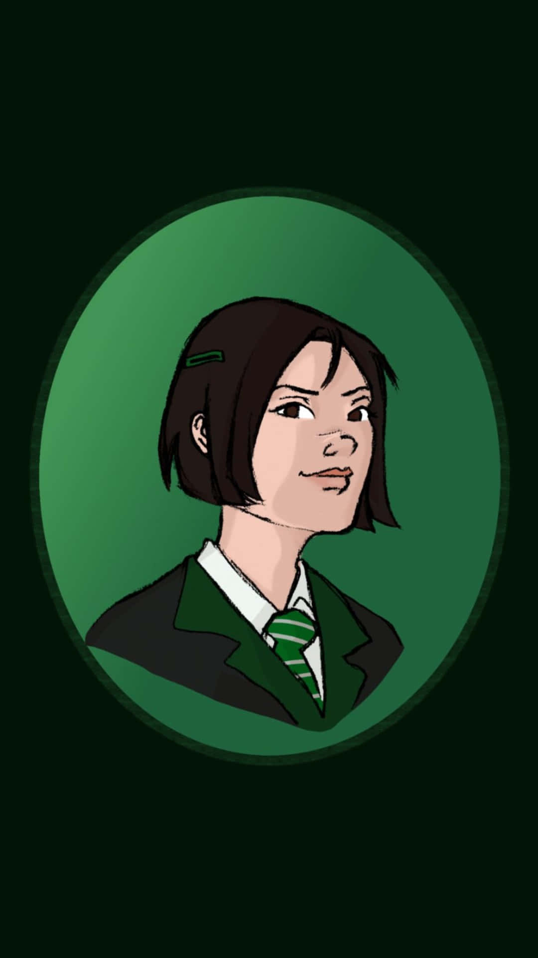  壁紙 — 一個風格化的動畫肖像，描繪一位短黑髮的年輕女性，穿著綠色校服，背景為深綠色橢圓形。