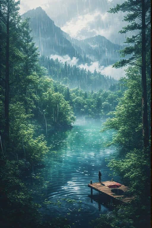 人在雨中森林湖的木碼頭上撐紅色雨傘，被山環繞