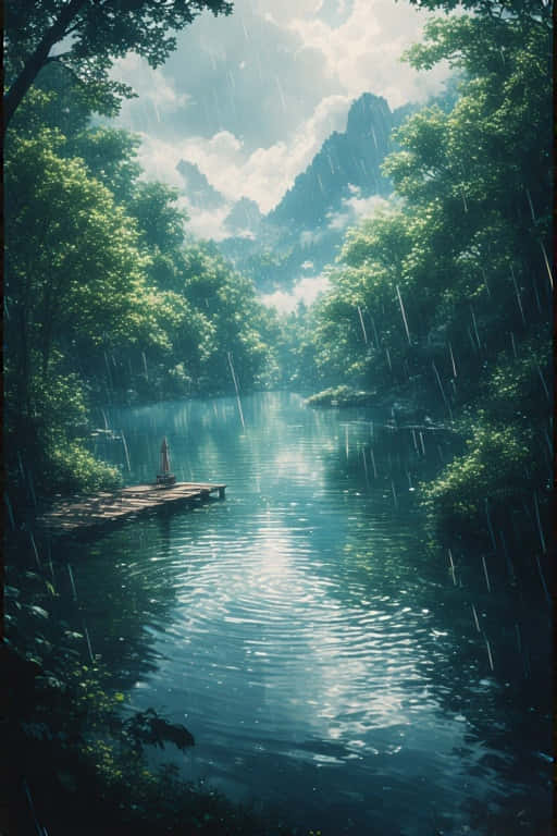 多雲天空下，被茂密綠樹和遠山環繞的雨河。