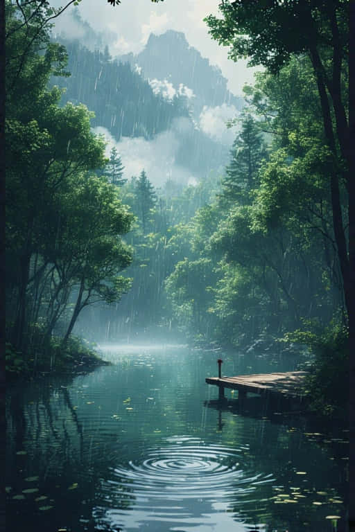 雨滴點綴的森林湖泊中的木製碼頭，周圍環繞著綠樹和薄霧