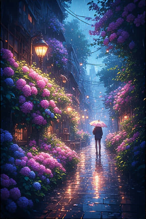 拿著粉紅色雨傘的人走在雨巷中，兩旁有紫色花朵和發光燈籠