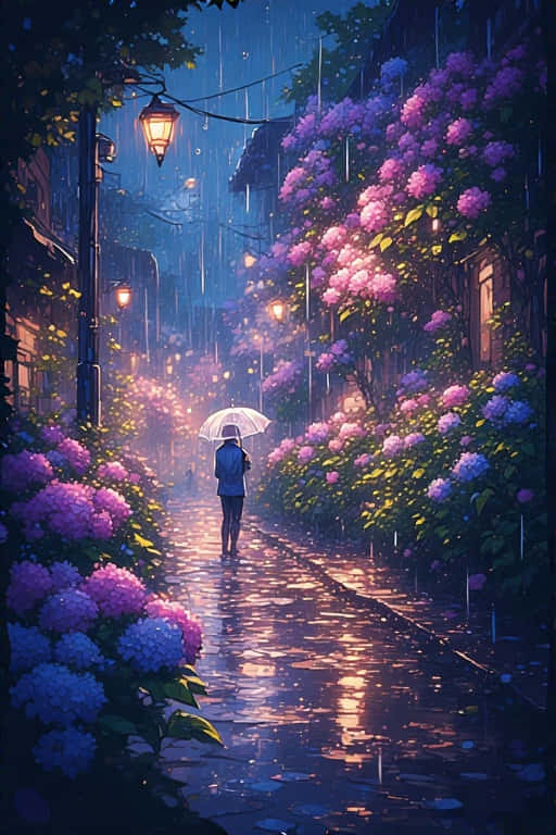 一個人在下雨的小巷中撐傘行走，周圍有紫色花朵和發光燈籠