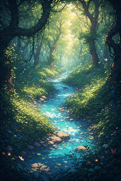 一條發光的藍色溪流流過陽光明媚的綠色森林，蝴蝶在周圍飛舞。