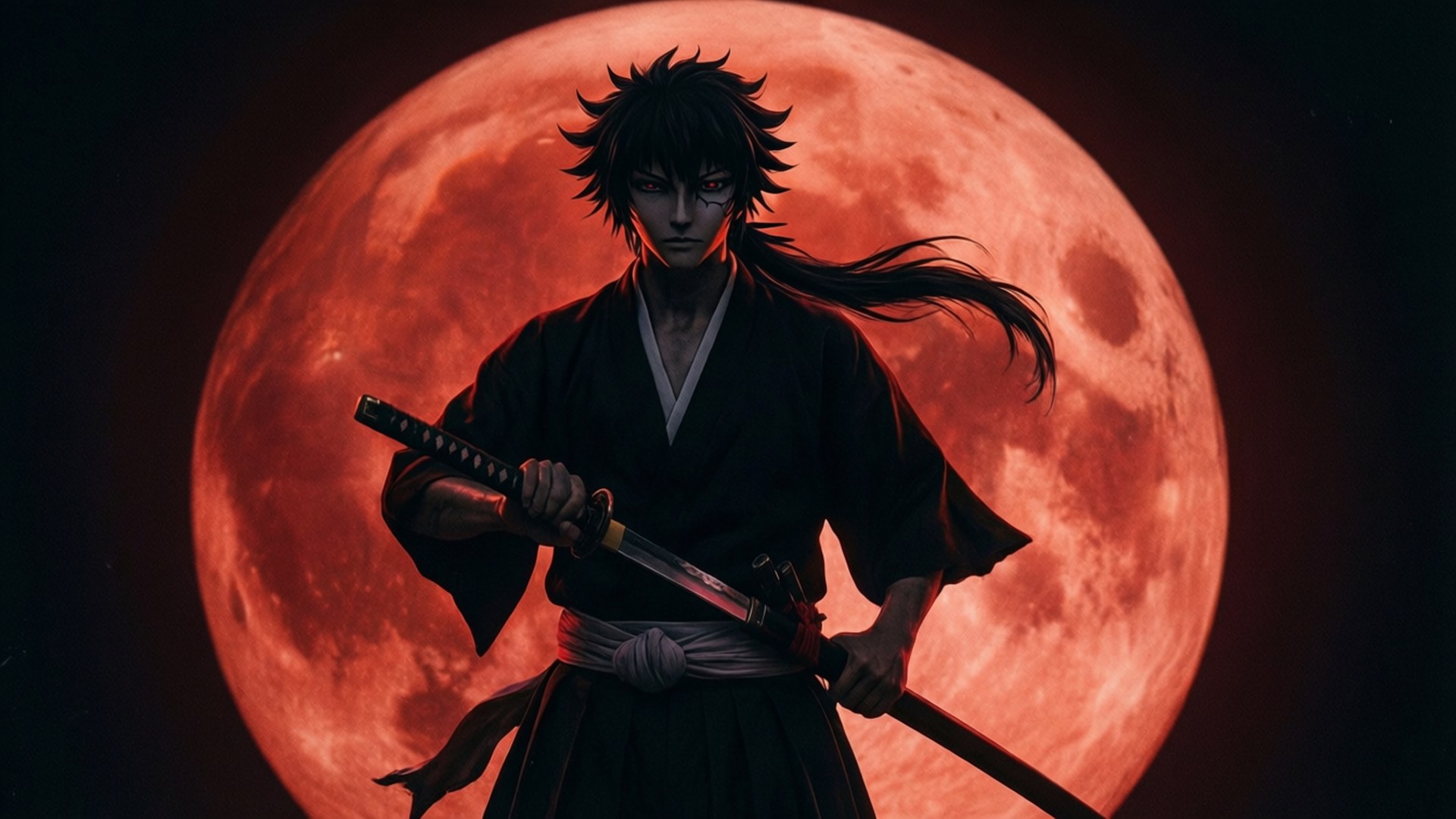 Okita Sougo 桌布 壁紙 — 一位黑髮動漫武士手持武士刀，對峙著巨大的紅色月亮。