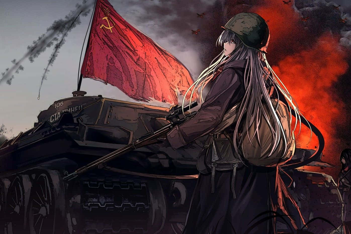  壁紙 — 一個孤獨的動畫士兵，長長銀髮，站在一輛蘇聯坦克旁，天空火紅，煙霧彌漫，炸彈落下。