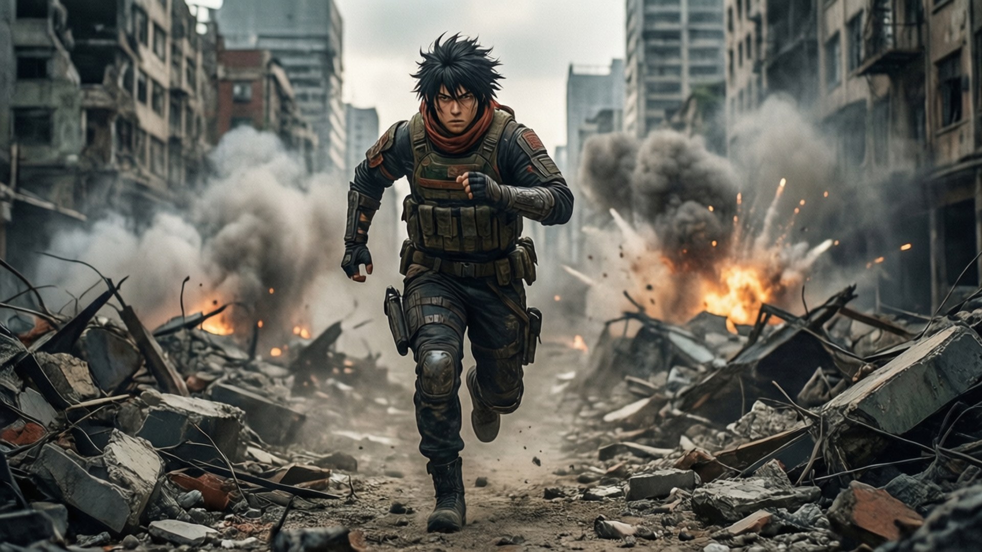 Hibana R6 桌布 壁紙 — 一個堅定的動漫士兵在戰火摧殘的城市街道上奔跑，身後爆炸和煙霧爆發。