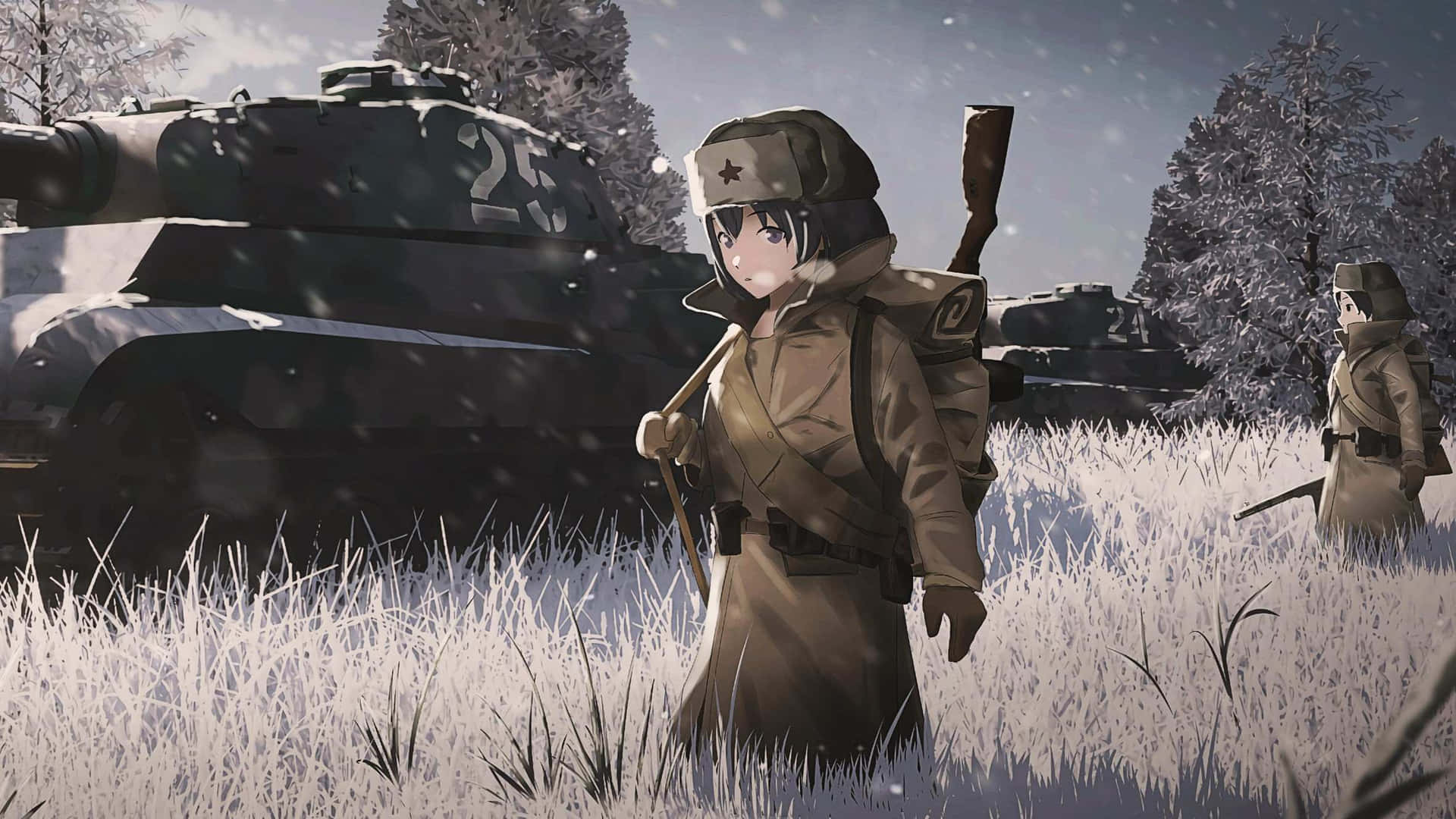  壁紙 — 動畫士兵站在雪地中，坦克旁邊，雪花飄落，帶有柔和冬日色調。