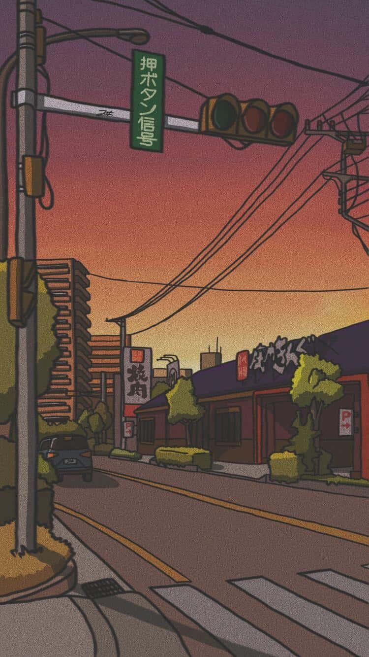  壁紙 — 夕陽下充滿活力的動漫風格街景，有交通燈和日文標誌，背景是溫暖的橙色天空。