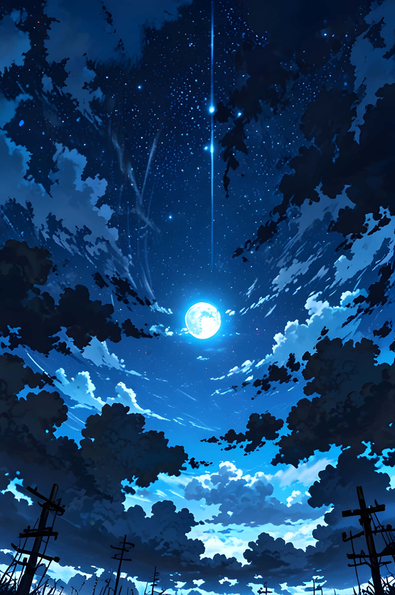 Anime Style Moonlit Night 壁紙 — 一輪明亮的滿月透過旋轉的烏雲照耀，下方是星光閃爍的深藍夜空，襯托出電線的剪影。