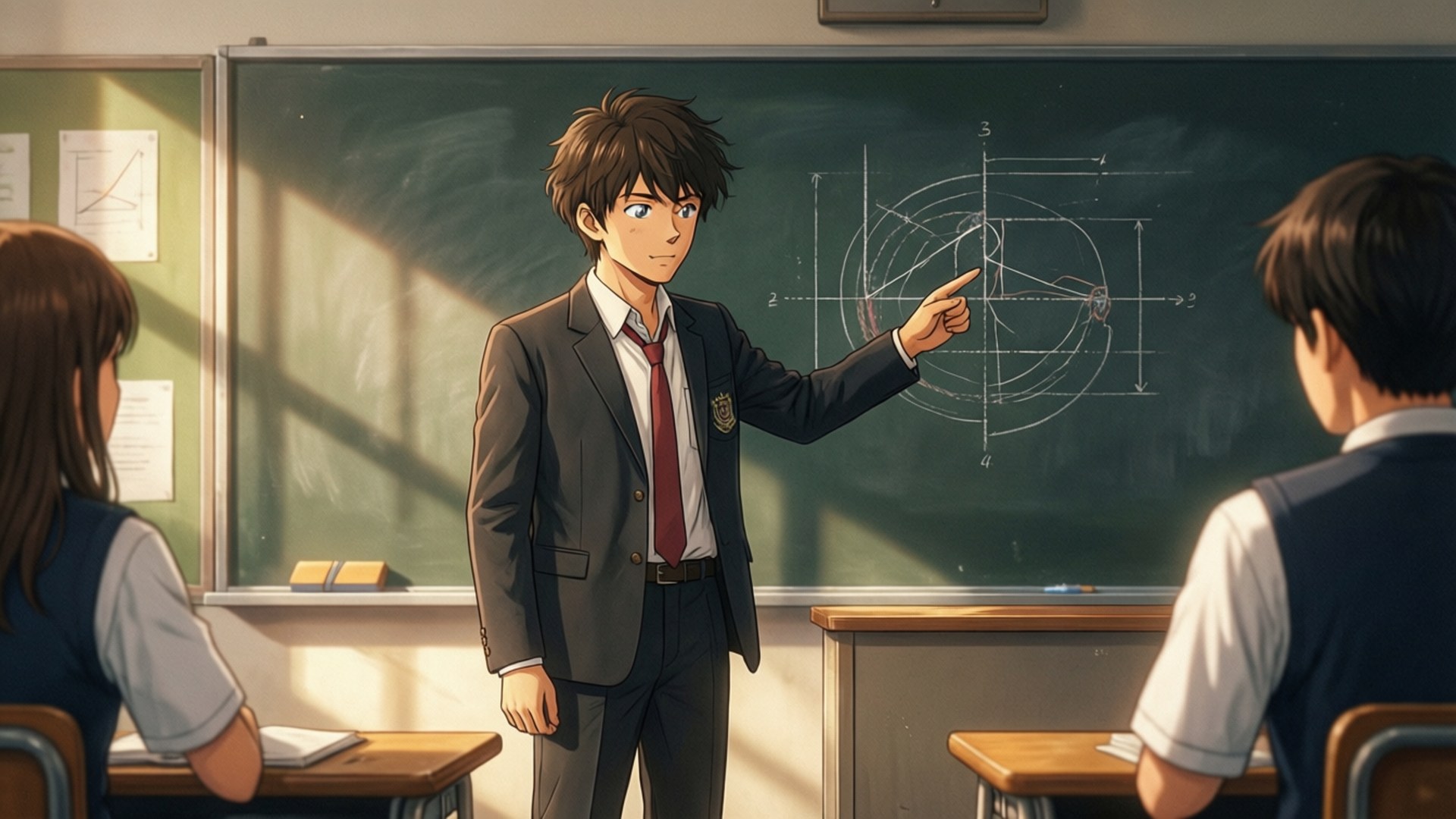 Kunikida 桌布 壁紙 — 動畫老師穿著校服指向黑板上的幾何圖表，學生們在充滿溫暖陽光的教室裡聆聽。