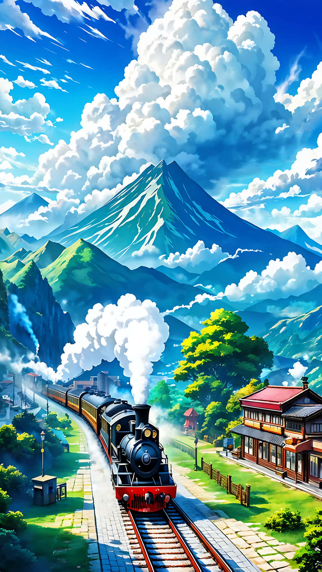 一輛蒸汽火車穿過風景如畫的山谷，山谷中有傳統的日本建築和遠處的雪山頂。