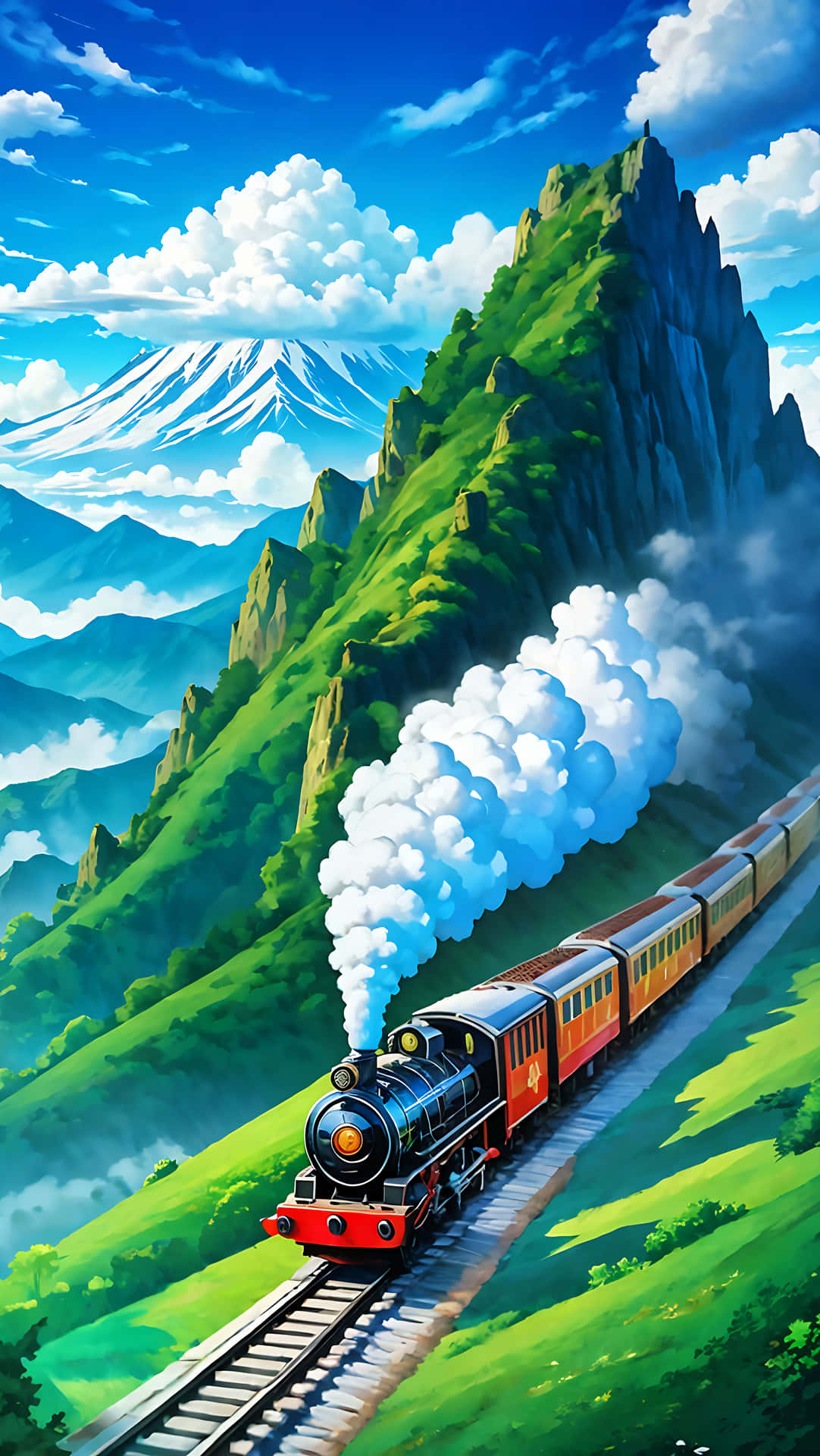 一列蒸汽火車穿過綠色山脈，背景有白雪覆蓋的山峰。