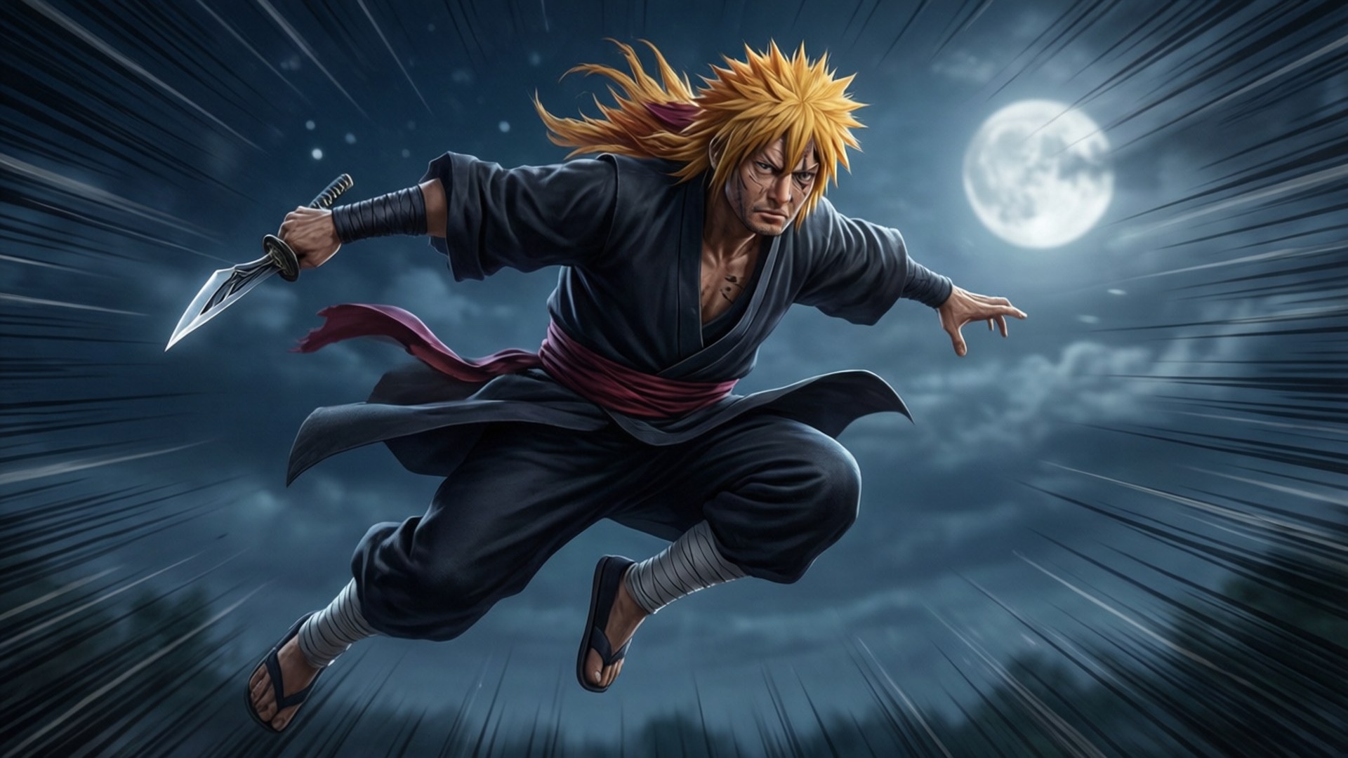 Jiraiya 4K 桌布 壁紙 — 一個刺蝟頭髮的動漫戰士在月光照耀的夜空中跳躍，手持匕首，帶有動態動作線條。
