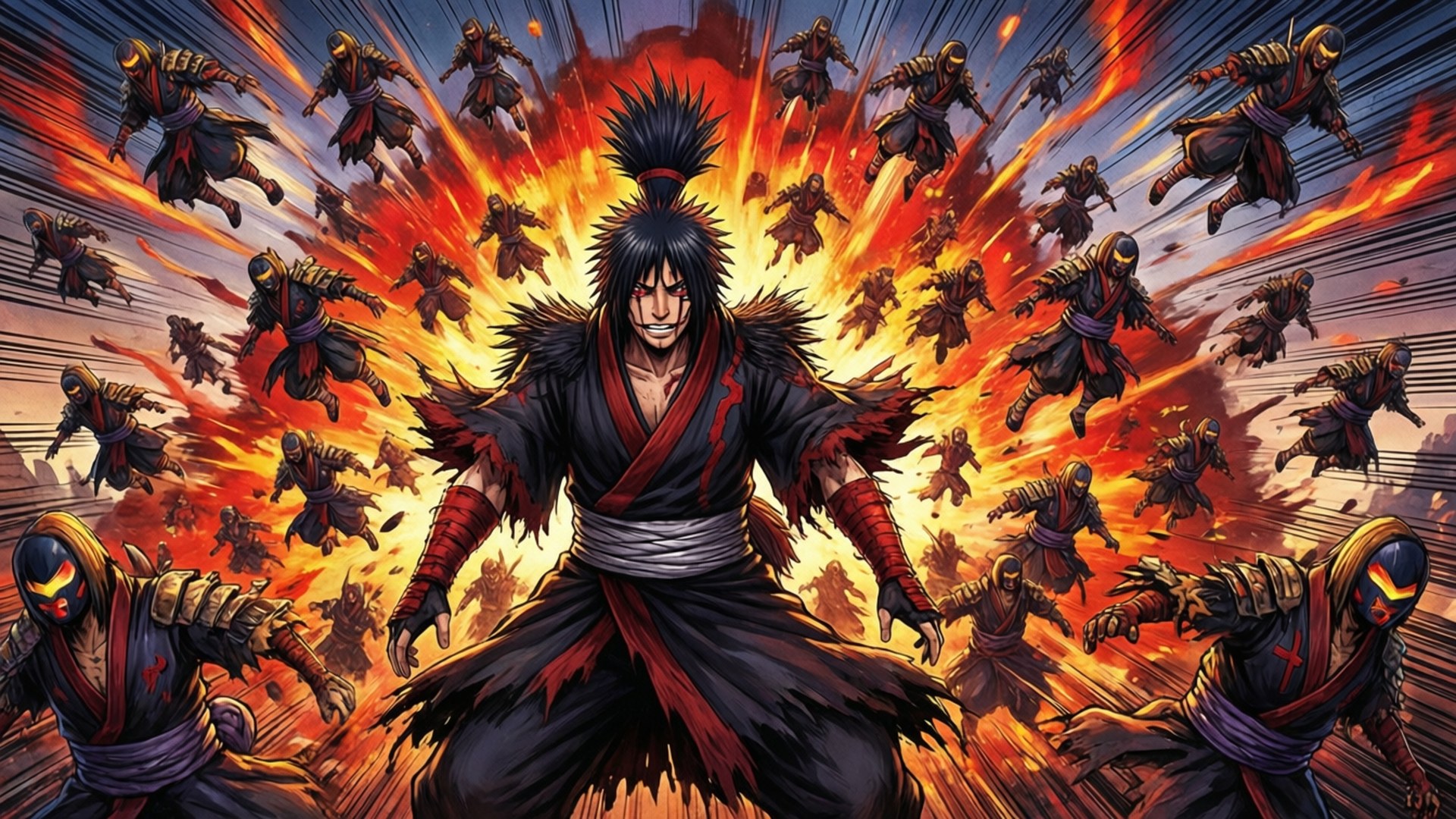 Sasori 桌布 壁紙 — 一位兇猛的動漫戰士，有著尖刺的黑髮和紅色點綴，站在中央，周圍火焰爆炸，被數十名空中忍者敵人在動態戰鬥中包圍。