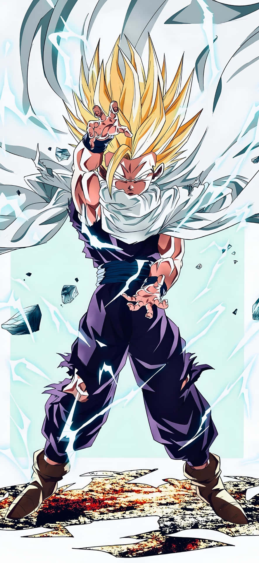  壁紙 — 動漫戰士，金色尖刺頭髮，白色披風，在破碎的戰場上釋放閃電能量。