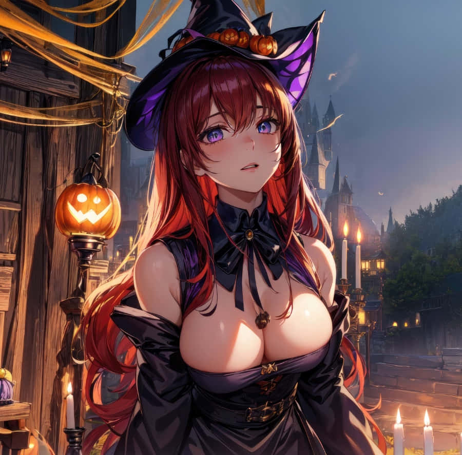  壁紙 — 一位紅髮動漫女巫，戴著黑色帽子、穿著黑色連衣裙，站在一個燭光閃爍的萬聖節村莊中，背景有一座城堡。