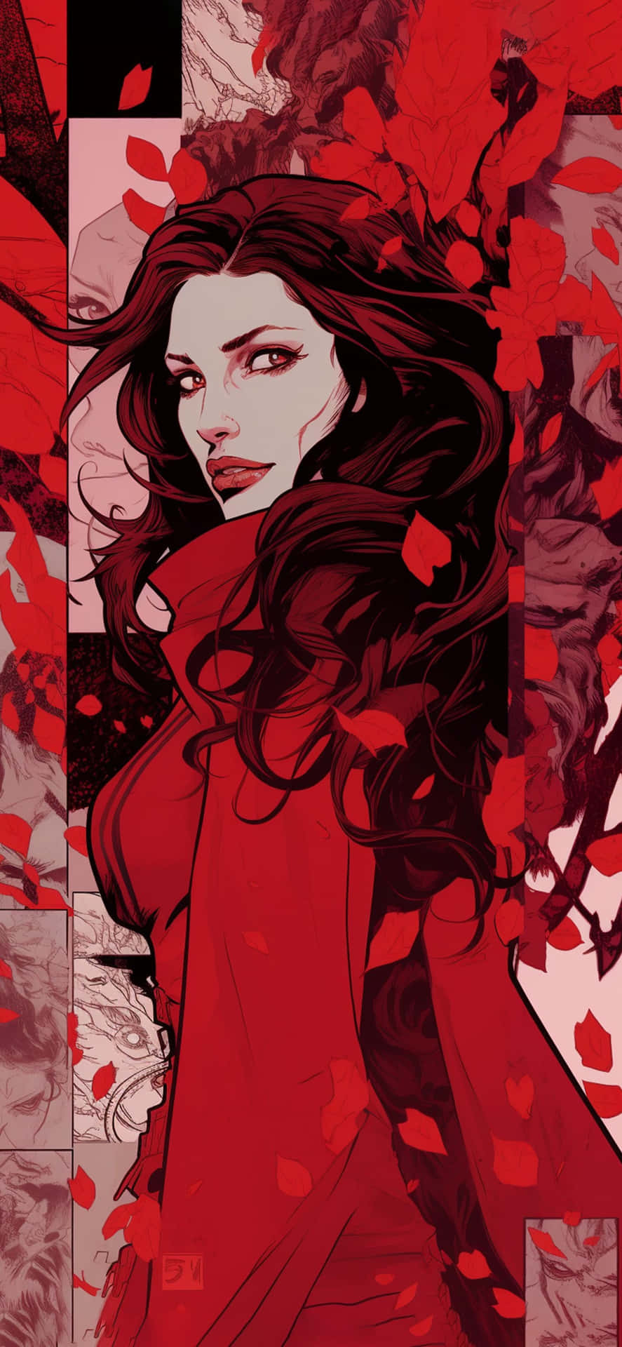  壁紙 — 一位引人注目的動漫風格女性，擁有長長的黑髮和紅唇，站在大膽的紅黑拼貼畫中，周圍是飄落的紅葉。