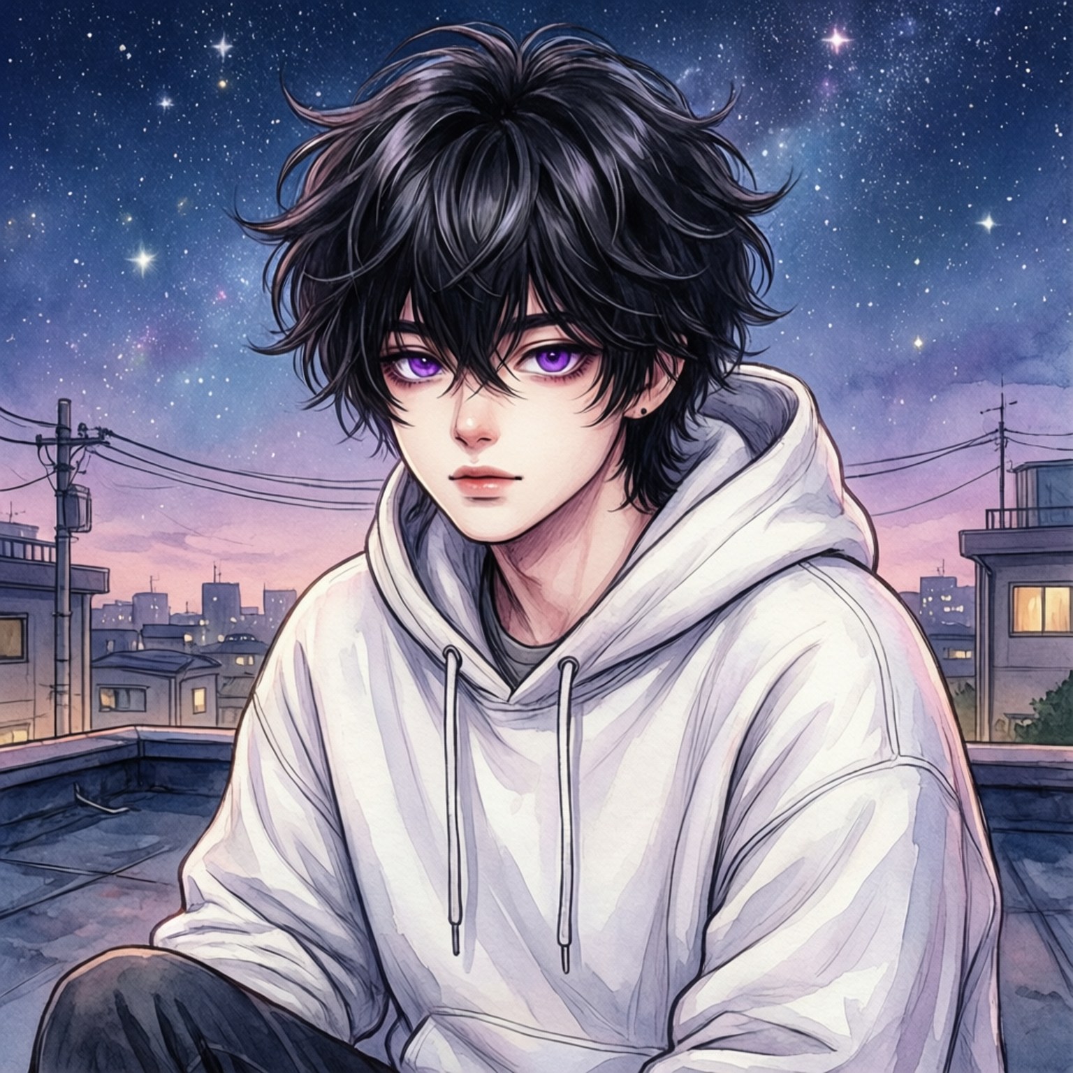 年輕動漫男孩，紫色眼睛，黑色頭髮，穿著白色連帽衫，夜晚在城市屋頂上，星空下