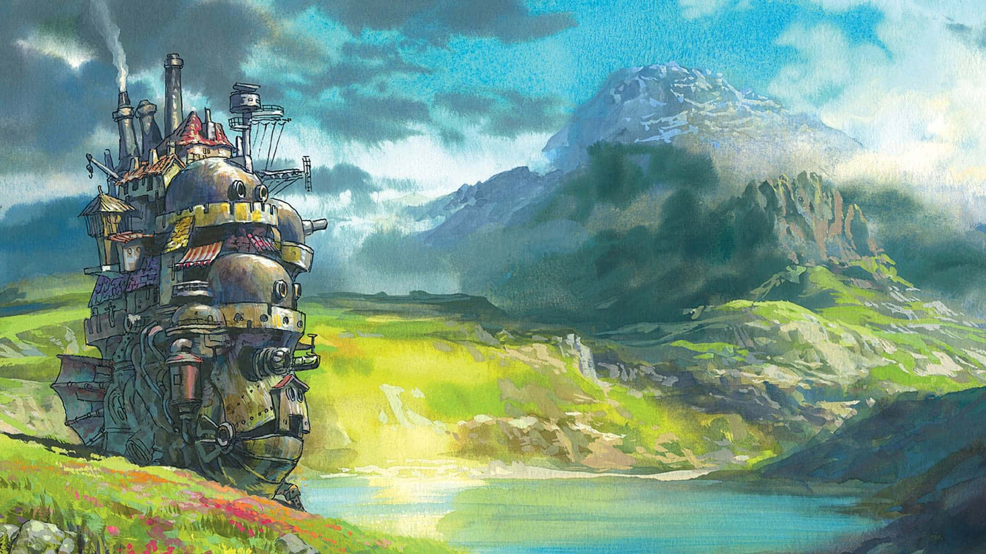 蒸氣龐克飛船、草地、湖、山、雲