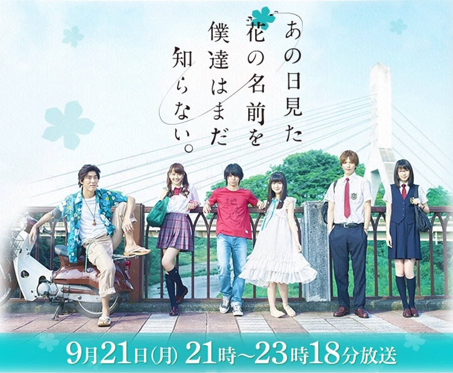 Anohana：星夜下的角色們 壁紙 — 六名身穿校服和休閒服的青少年在櫻花圖案和日文文字的明亮天空下，在橋欄杆上擺姿勢。
