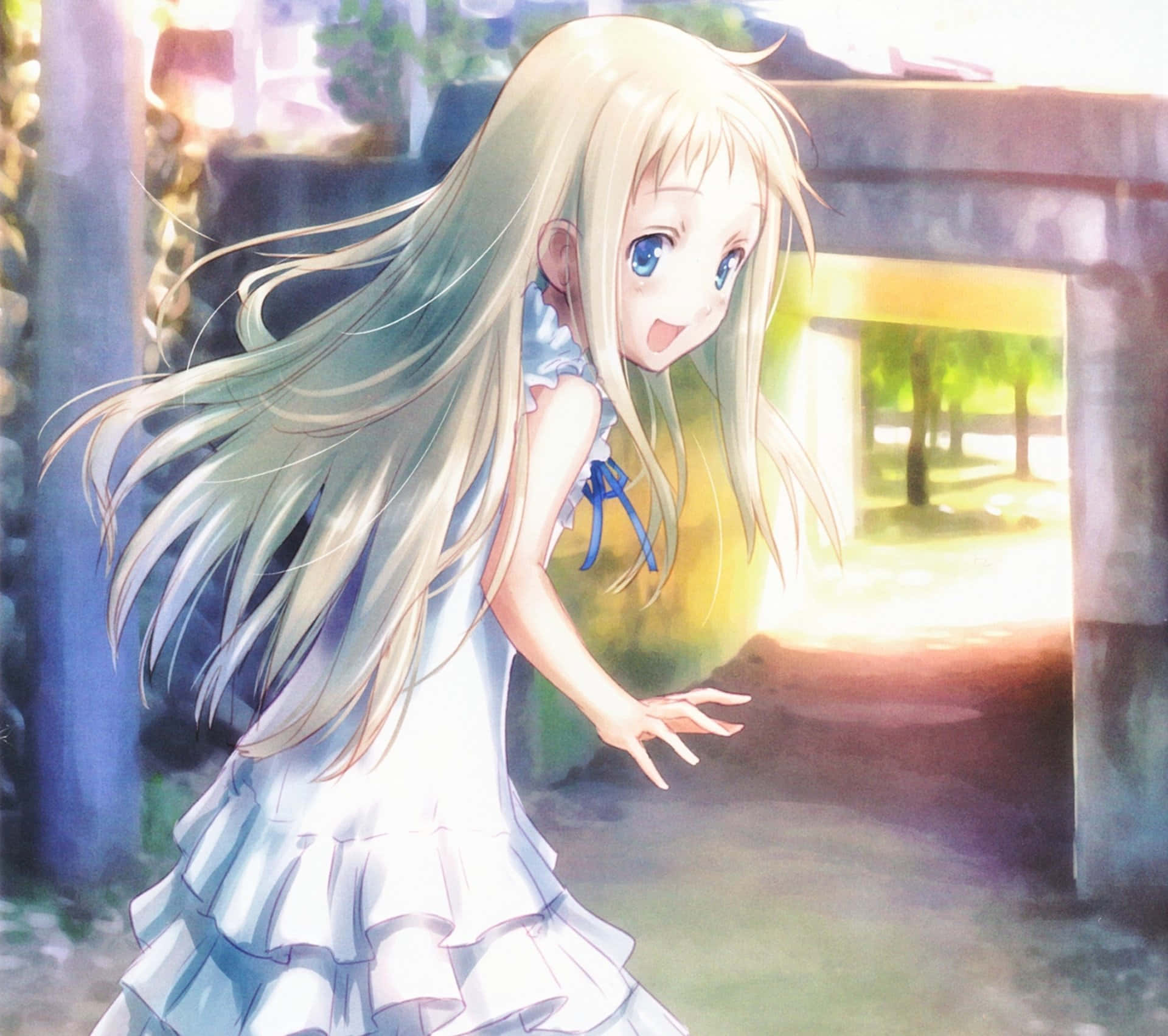 《Anohana》中的Jintan與他的朋友們 壁紙 — 一個開心的動漫女孩，長長的金色頭髮，穿著白色連衣裙，在陽光照射的拱門下奔跑，背景有樹木。