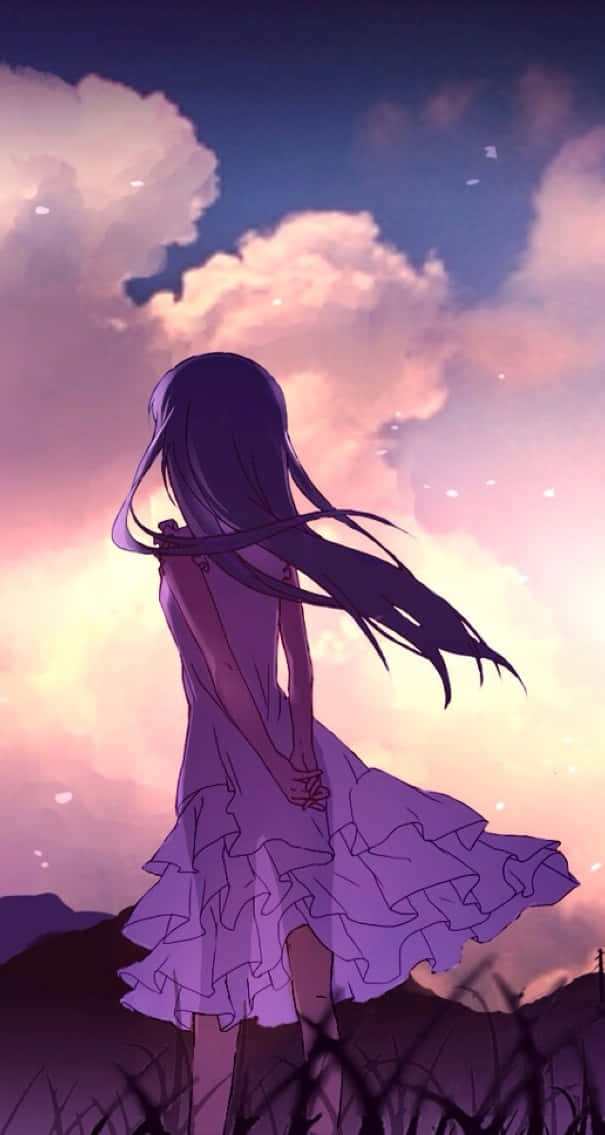 動漫女孩穿紫色連衣裙站在山丘上看日落
