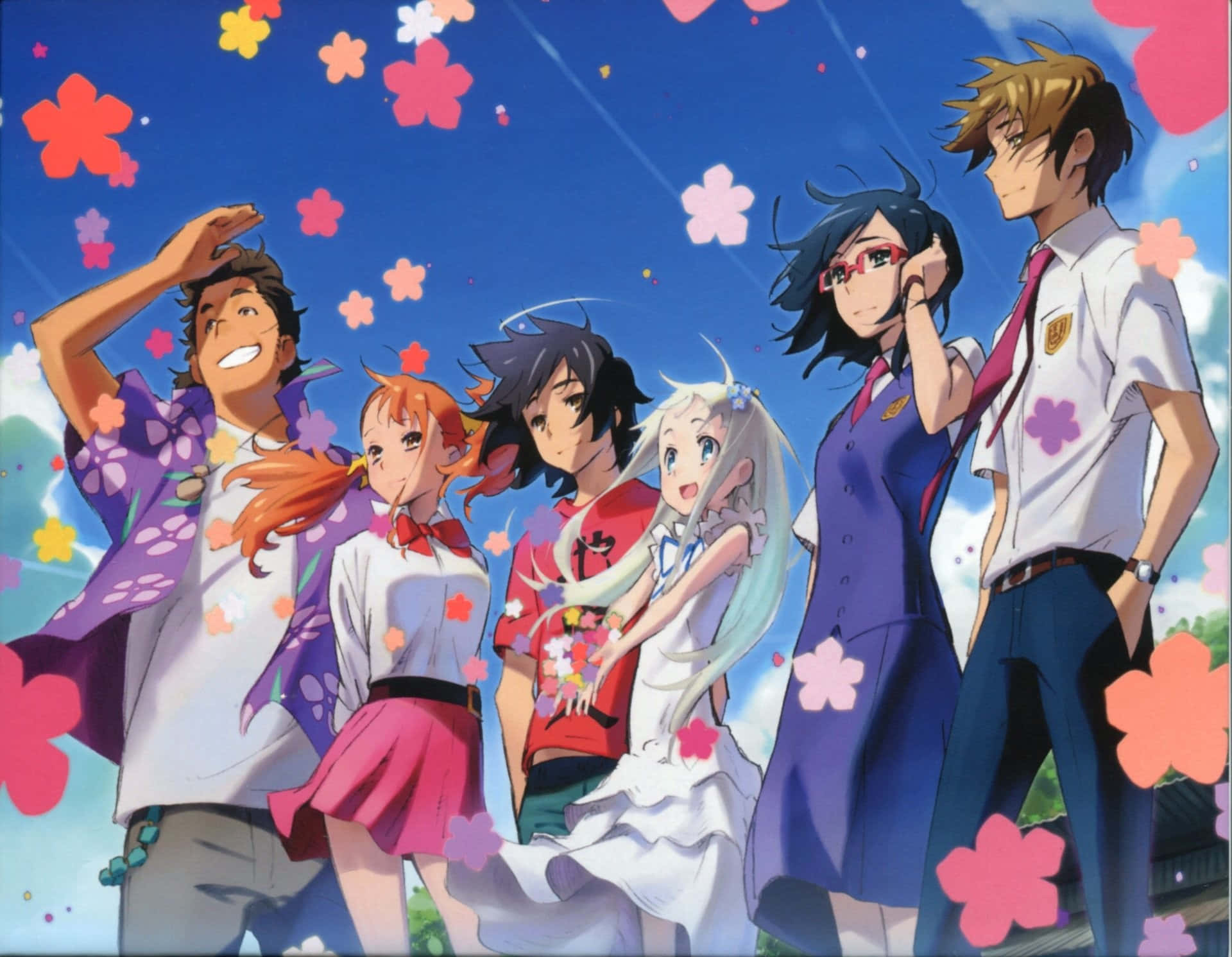 《Anohana》劇組共慶深厚友誼 壁紙 — 六個動畫青少年穿著校服和休閒服，站在明亮的藍天下，色彩繽紛的櫻花在他們周圍飄浮。