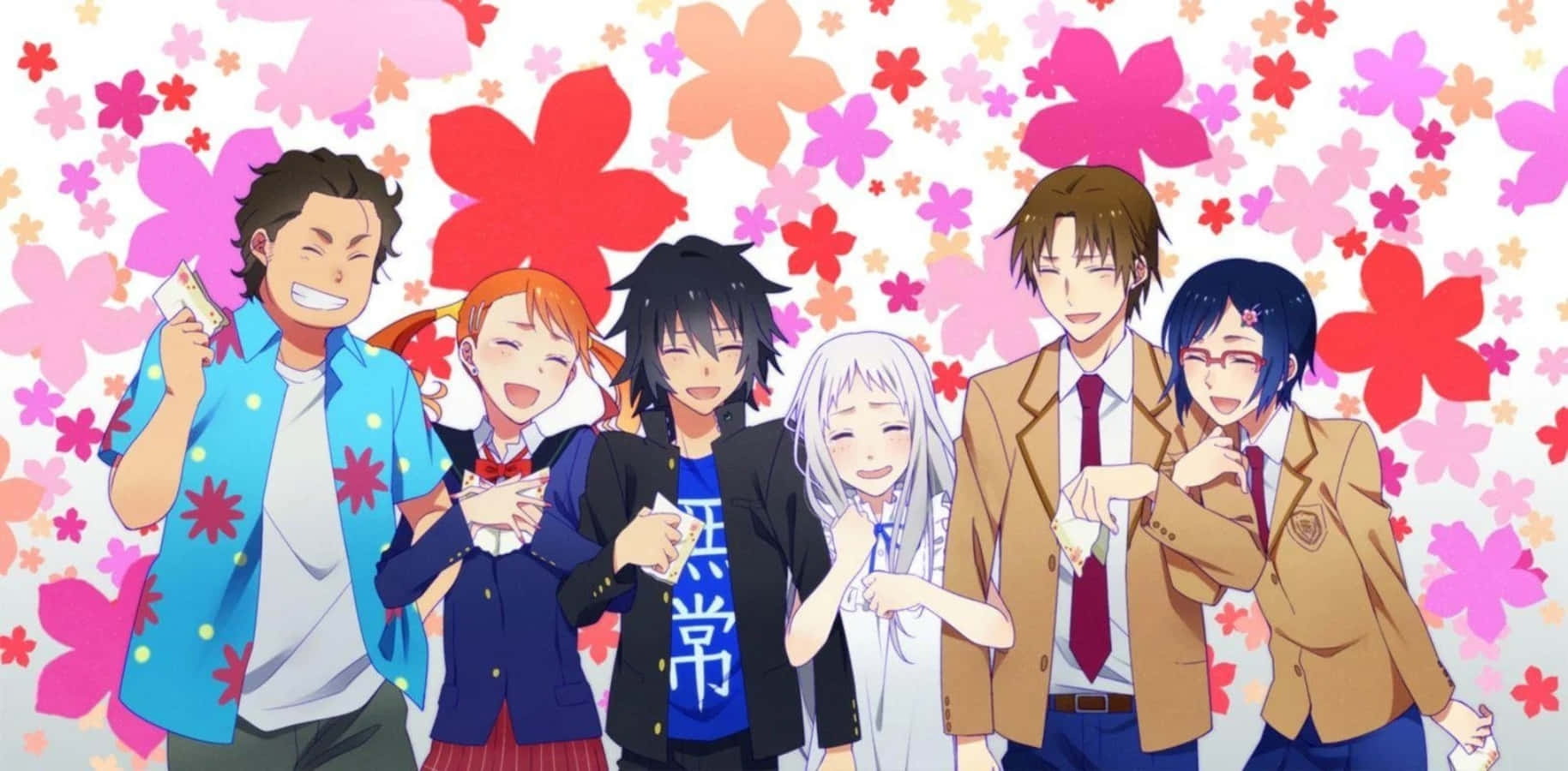 《Anohana》——夏日之靈 壁紙 — 六個動漫青少年穿著校服和休閒服，在鮮豔的櫻花背景下歡快地大笑。