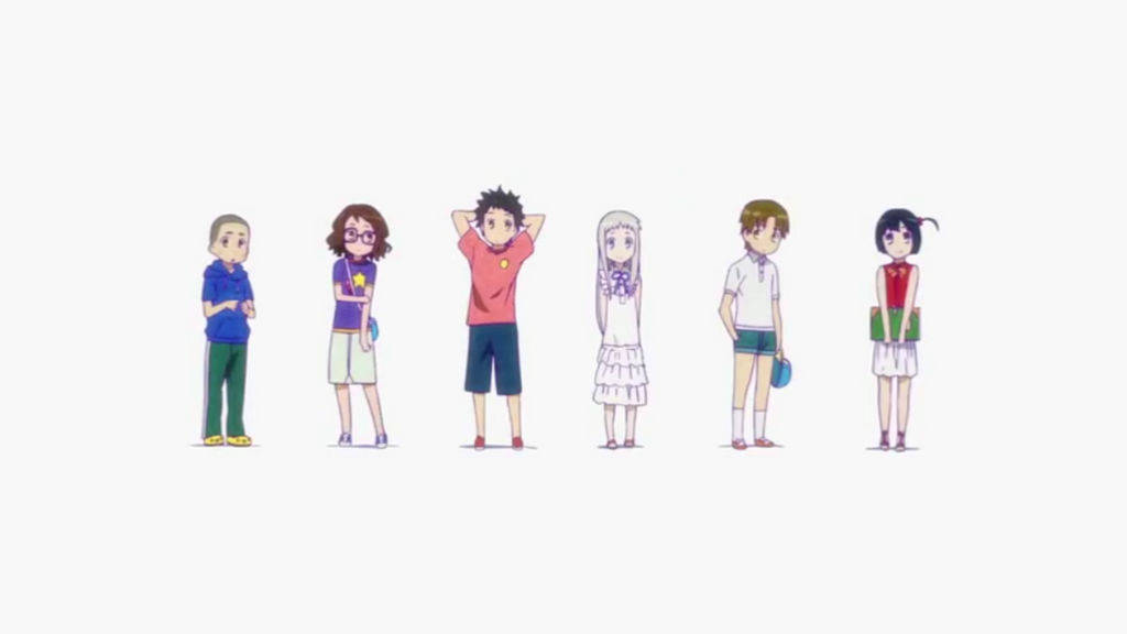 《Anohana》年輕版角色 壁紙 — 六個動漫風格的孩子穿著色彩繽紛的休閒服裝，排成一排站在純白色背景前。