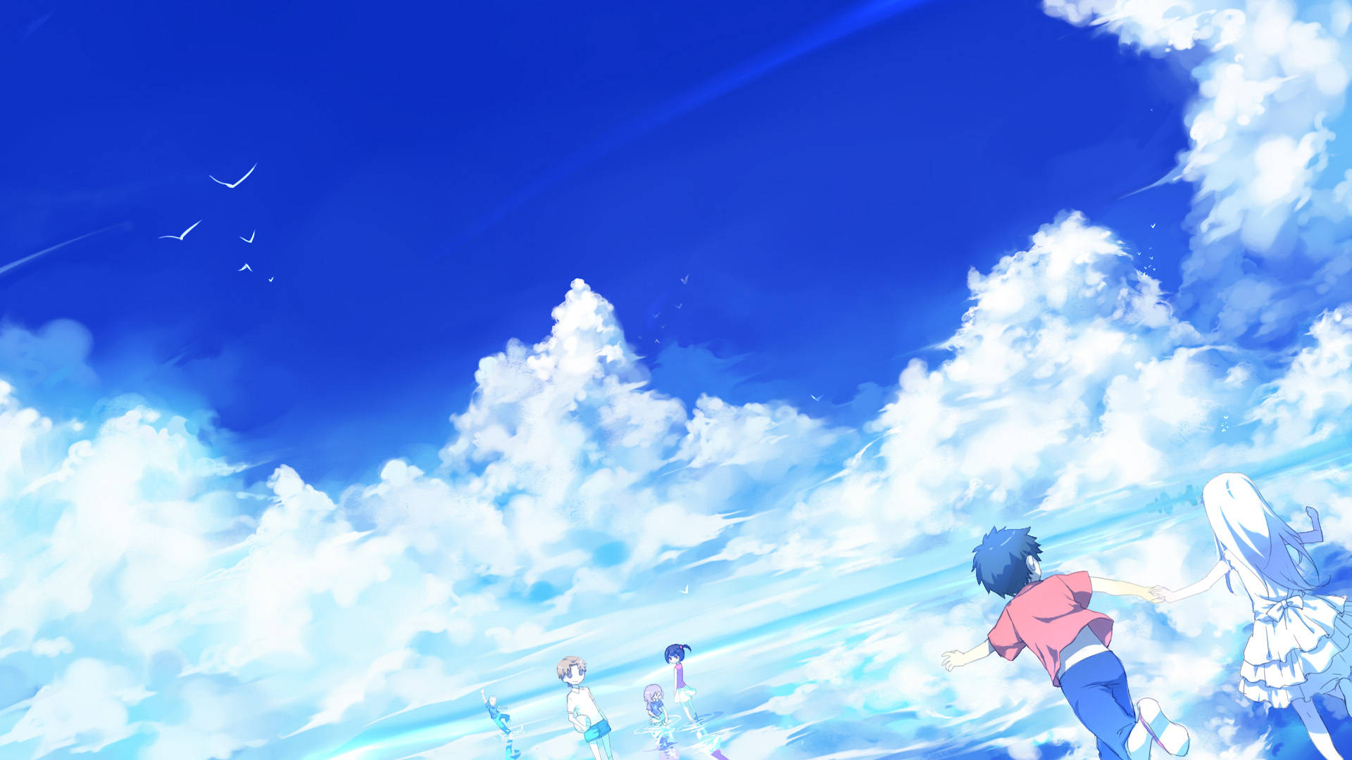 《Anohana》年輕版金田與美紀 壁紙 — 四個動漫角色在充滿蓬鬆白雲和遠處鳥兒的明亮藍天上快樂地奔跑。