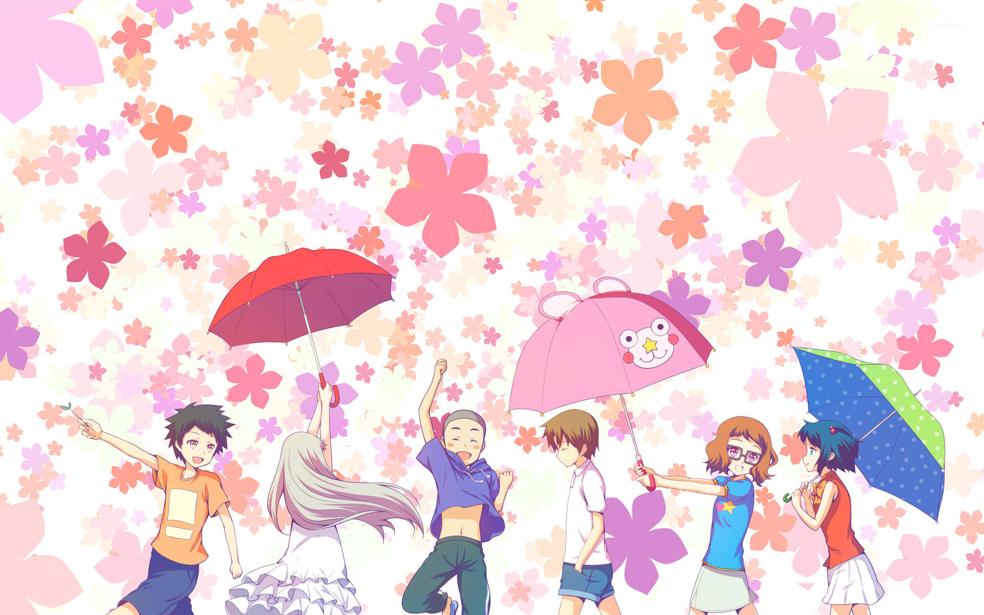 《Anohana》年輕角色 壁紙 — 動畫青少年在彩色雨傘下歡快地跳舞，櫻花如雨般飄落，如夢似幻。