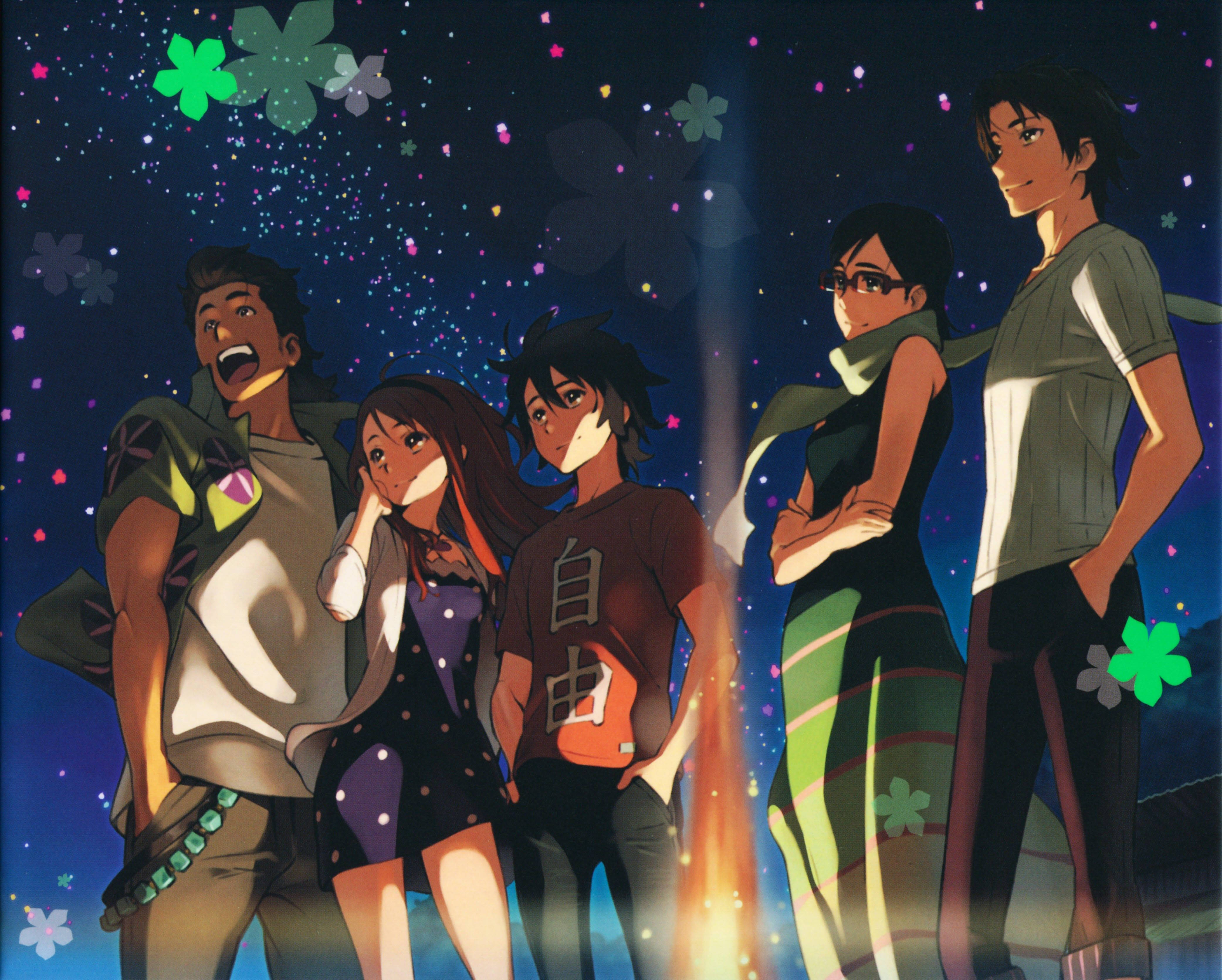 《Anohana》成年角色 壁紙 — 五個動漫角色站在星空下，身後有發光的花朵和溫暖的光束。