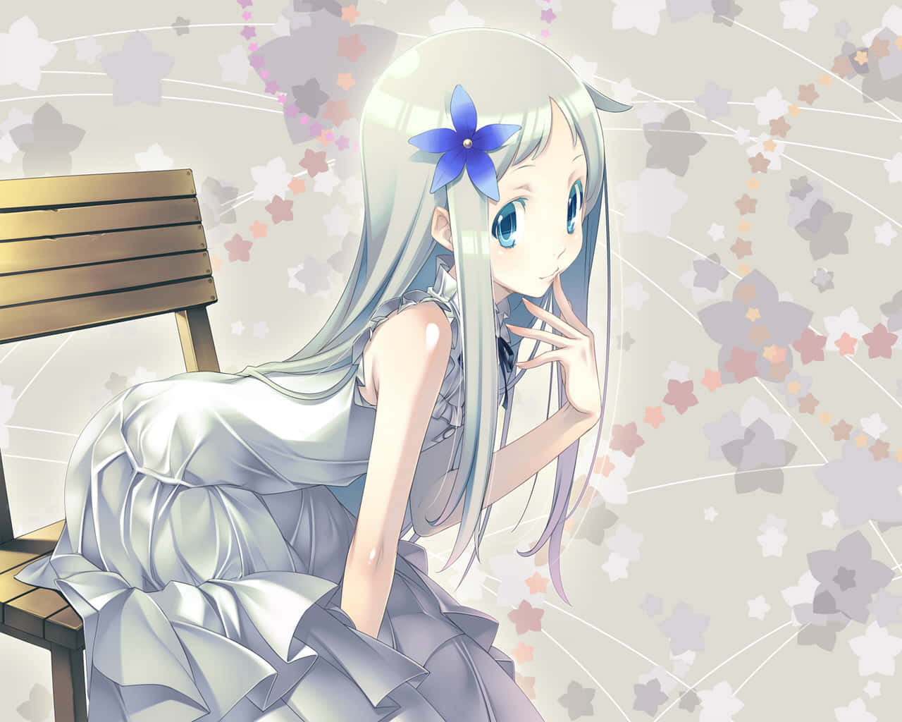 《Anohana》——超級和平破壞者 壁紙 — 一位銀髮藍花的寧靜動漫女孩坐在木長椅上，周圍環繞著漂浮的星星圖案。