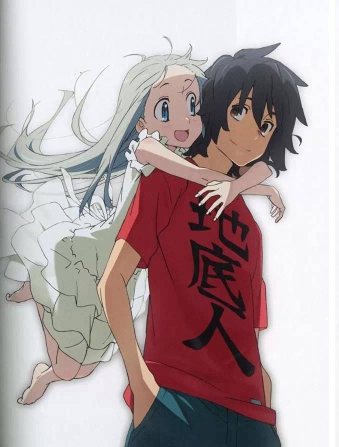動畫女孩從後面擁抱男孩，穿紅色襯衫