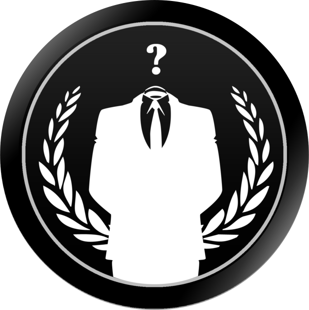 Anonymous 問號徽章 壁紙 — 一個鮮明的黑白圓形標誌，展示了一個無頭西裝剪影，上方有一個問號，兩側有月桂花環。