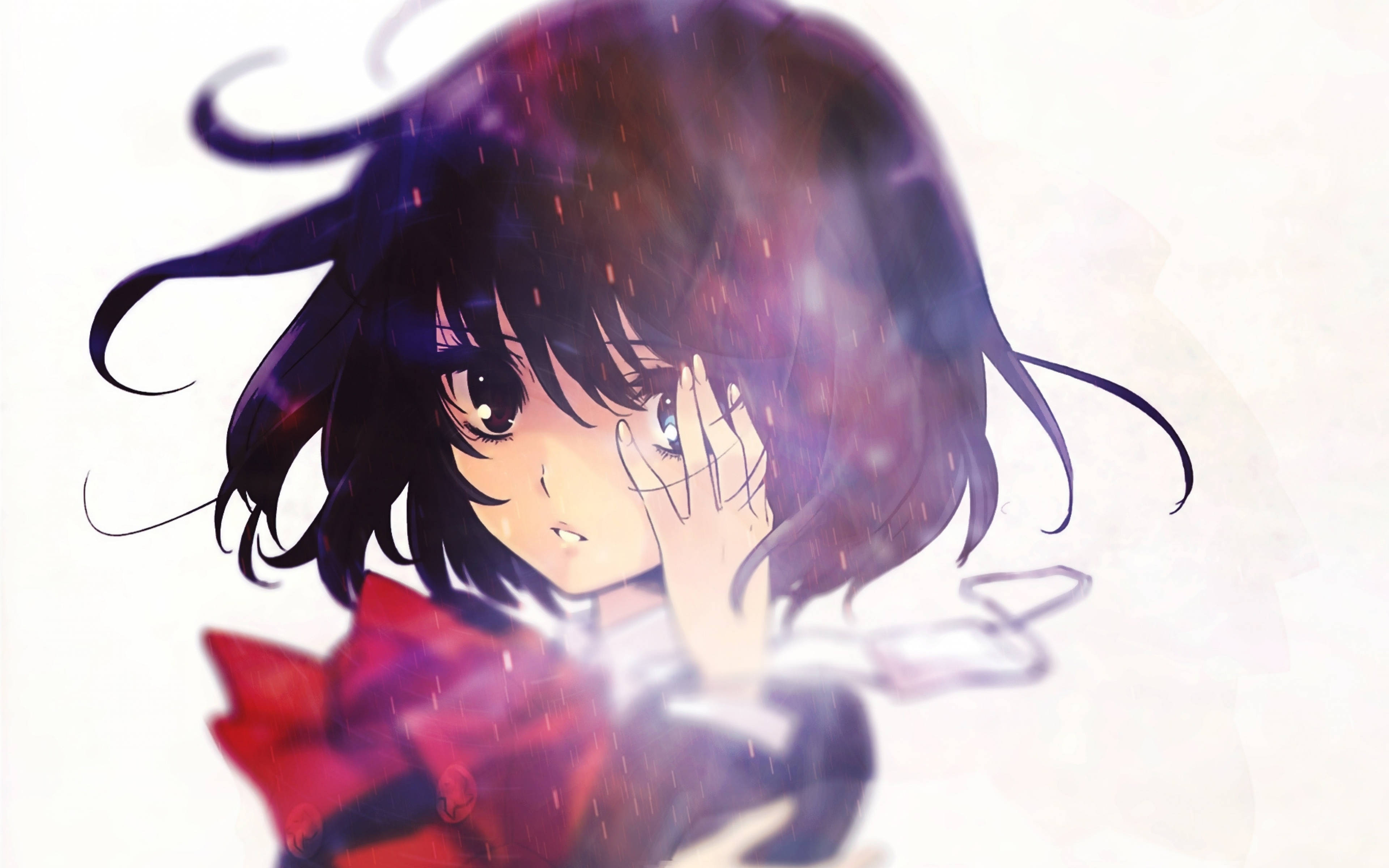 《Another》煙霧場景 壁紙 — 一個憂鬱的動漫女孩，深色頭髮和紅色蝴蝶結，在柔和的白色背景中，發光粒子在她周圍旋轉，她遮住了臉。