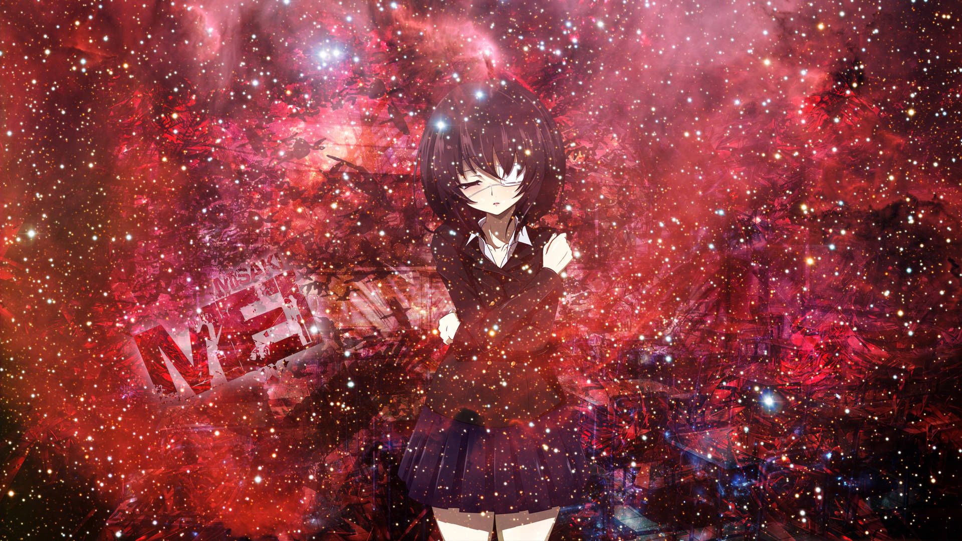 《Another》紅色星夜 壁紙 — 一位黑髮動漫少女穿著校服，站在充滿閃爍星星和破碎文字的鮮紅色宇宙星雲中。