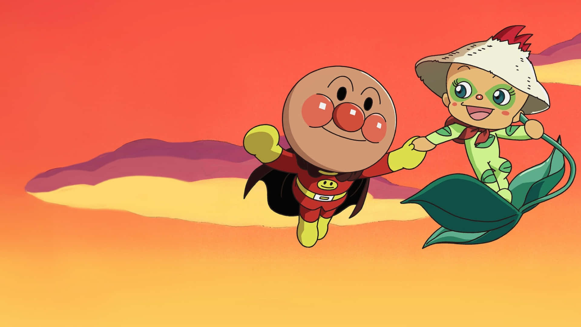  壁紙 — Anpanman 和一個葉子女孩手牽手在充滿活力的日落天空和風格化的雲朵中翱翔。