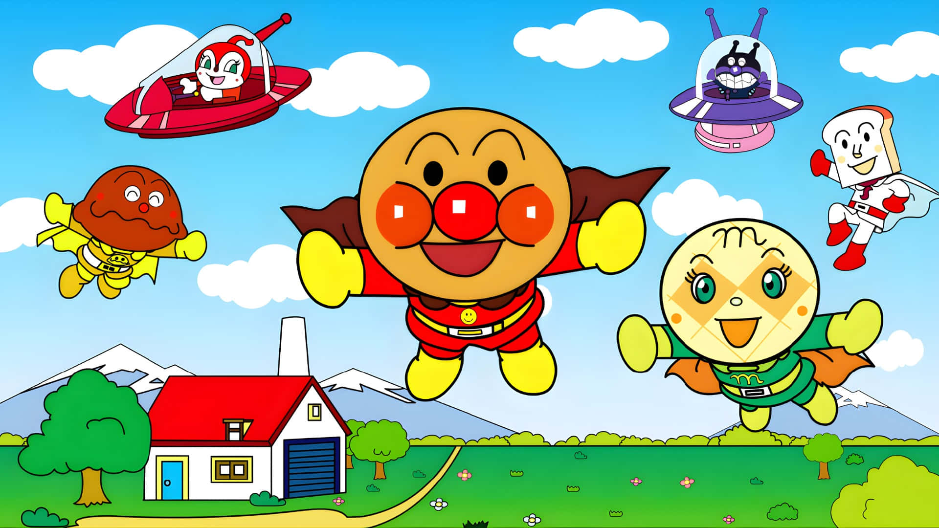  壁紙 — Anpanman 和朋友們在明亮的藍天下，英勇地飛越色彩繽紛的鄉村，有山脈和紅頂房屋。