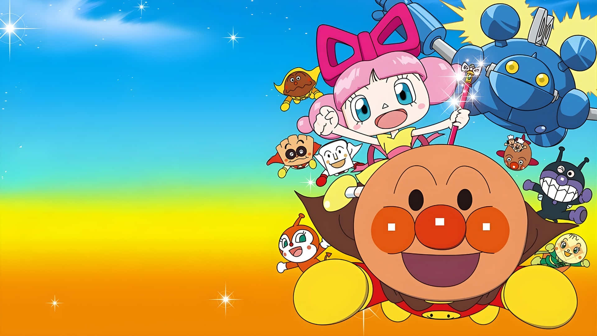  壁紙 — Anpanman 和朋友們愉快地飛翔在充滿閃爍星星和歡樂表情的鮮豔彩虹天空中。