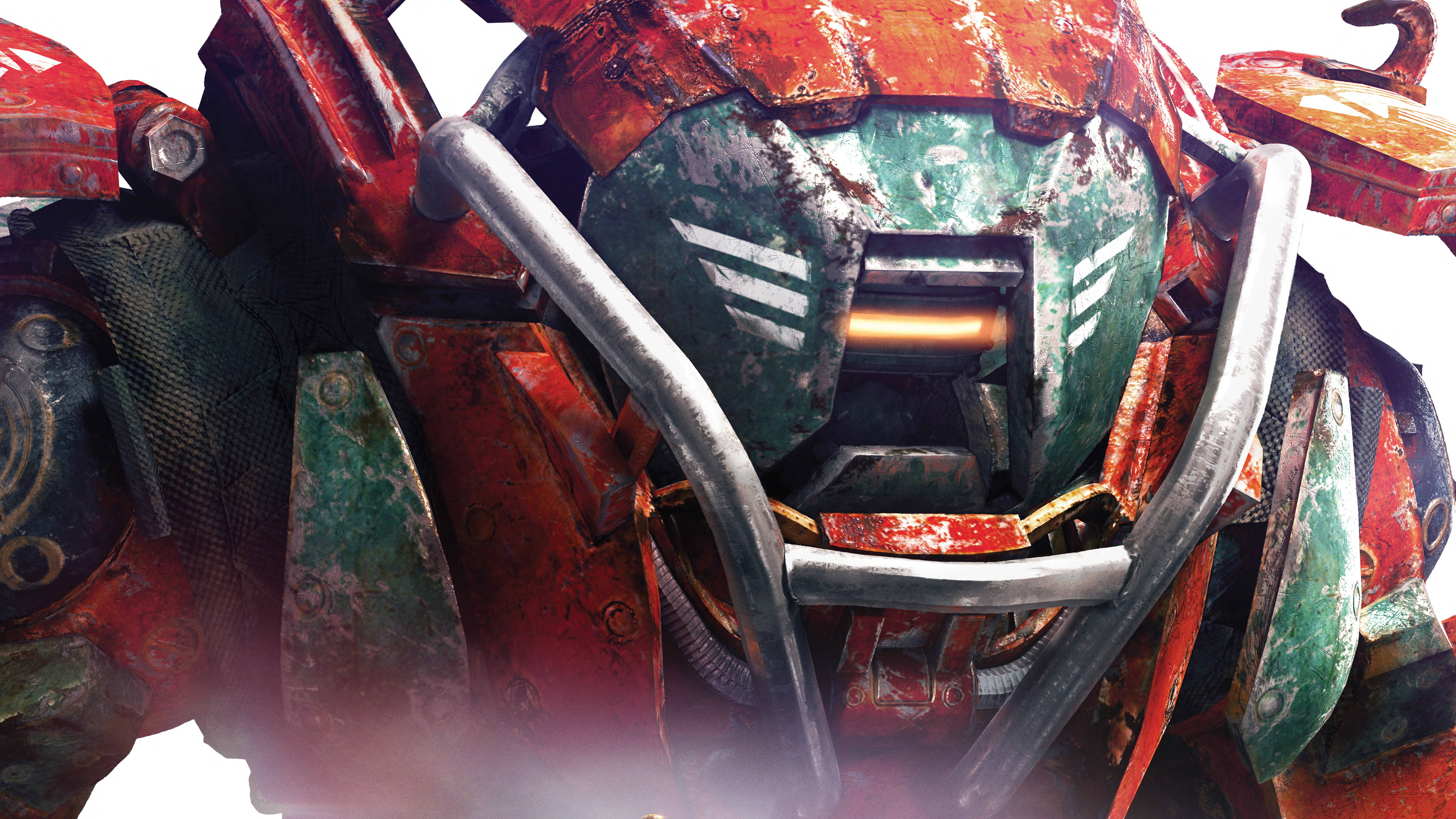 Anthem 4K 巨型投矛者 壁紙 — 近距離拍攝一架經歷戰鬥、破損的紅綠機甲，帶有發光的橙色眼睛和金屬裝甲。