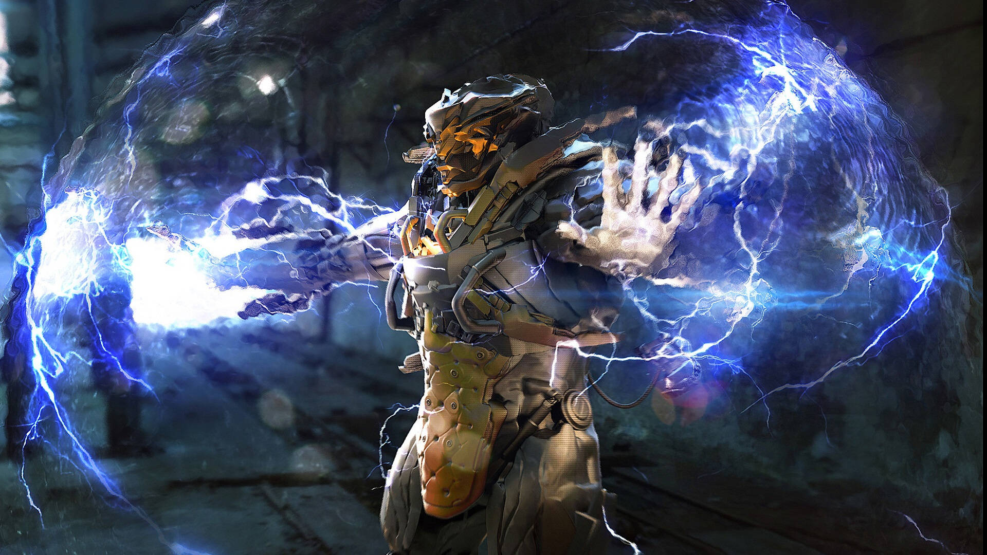 Anthem 4K 人形遊戲角色 壁紙 — 一名身穿裝甲的戰士在黑暗的工業環境中引導噼啪作響的藍色閃電。